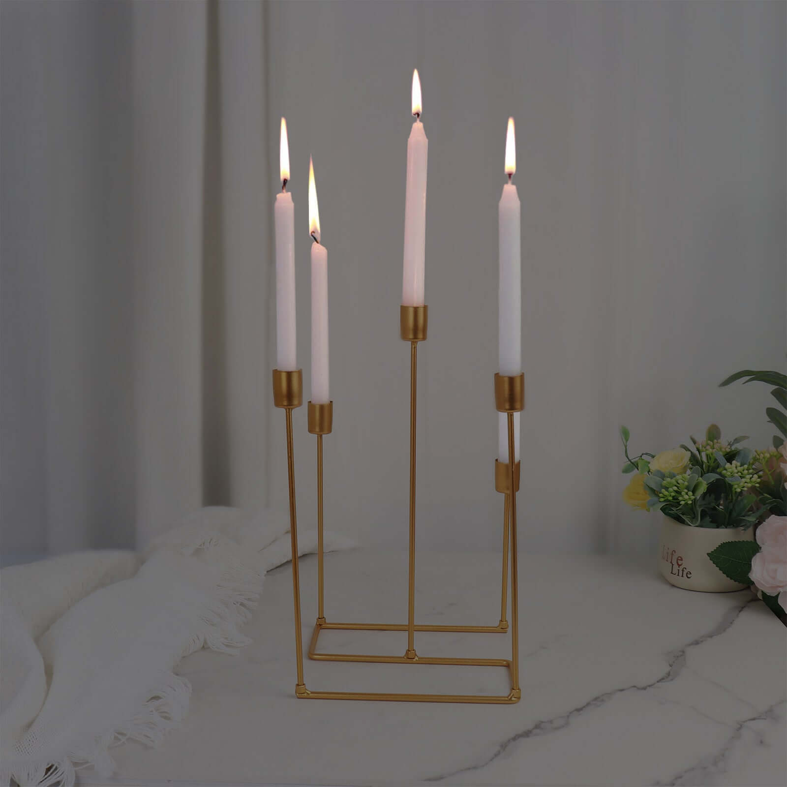 Gold Metal 5-Arm Taper Candle Holder 12", Geometric Candelabra Design - Perfect for Weddings and Party Tables